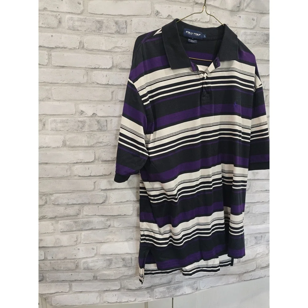 VTG Polo Golf Ralph Lauren Rugby Striped Polo Shirt Men L Black Purple Pony